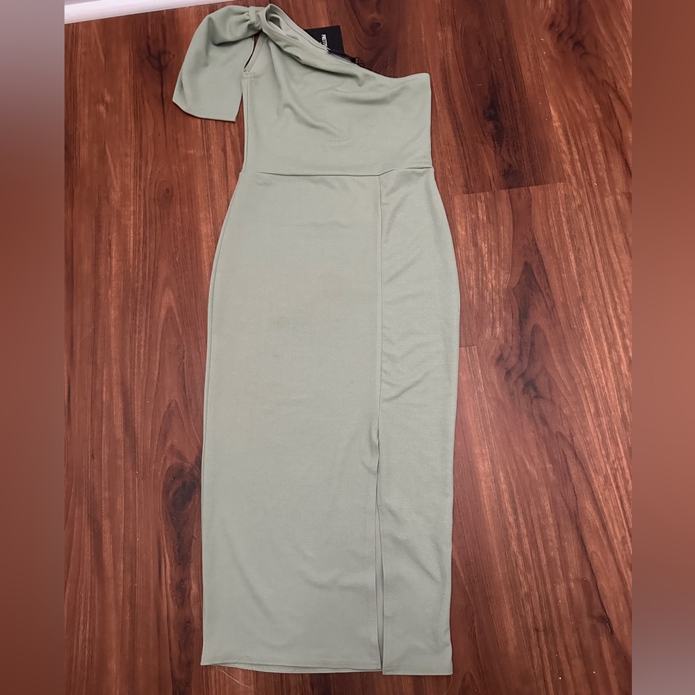 sage asymmetrical shoulder bodycon midi dress